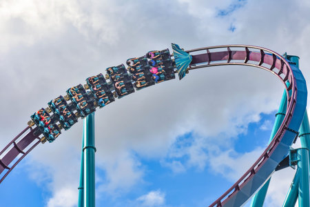 Orlando, Florida. December 26, 2018. People enjoy thrills for ride of the Mako roller coaster in...