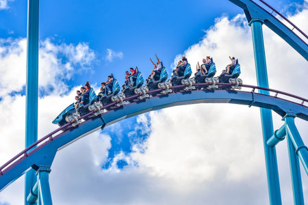 Orlando, Florida. December 26, 2018. People enjoy thrills for ride of the Mako roller coaster in amusement park at Seaworld in International Drive area (18)のeditorial素材