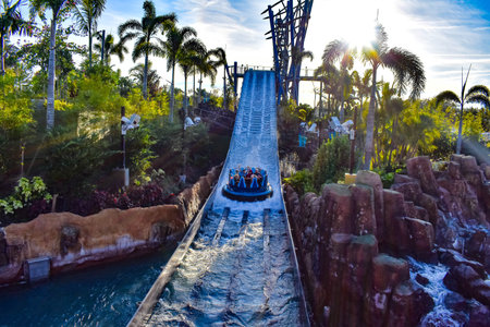 Orlando, Florida. December 21, 2018. People enjoying the world's tallest drop in Infinity Falls at...