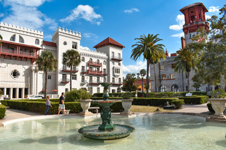St. Augustine, Florida. January 26, 2019. Beautiful fountain, Monica Spa House and Lighter Museum in...