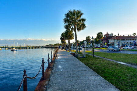 St. Augustine, Florida. January 26, 2019. Boardwalk and Bridge of Lions at Old Town in Floridas...