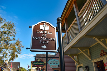 St. Augustine, Florida. January 26, 2019. San Marcos Castle Fort Sign at Old Town in Floridas Historic Coast.のeditorial素材