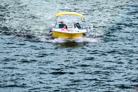 St. Augustine, Florida. January 26, 2019. Colorful boat sailling in Matanzas Bay in Floridas Historic Coast.のeditorial素材