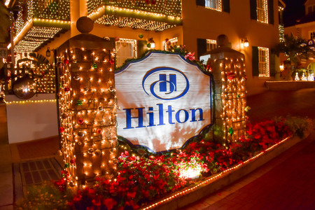 St. Augustine, Florida. January 26, 2019. Illuminated Hotel Sign for Christmas seasons in Old Town at Floridas Historic Coast.のeditorial素材