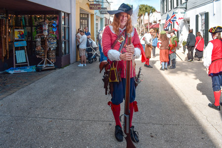 St. Augustine, Florida. January 26, 2019. Man dressed as a 17th century Spanish soldier in Florida...