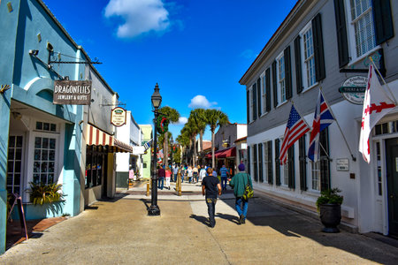 St. Augustine, Florida. January 26, 2019. People enjoying colonial experience in St. George St. in...