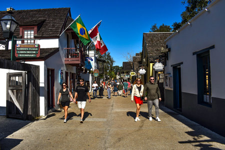 St. Augustine, Florida. January 26, 2019. People enjoying colonial experience in St. George St. in...