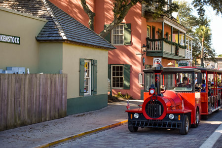 St. Augustine, Florida. January 26, 2019. Red Train Tour at Old Town in Floridas Historic Coast