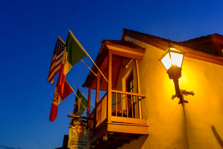 St. Augustine, Florida. January 26, 2019. Top view of balcony and flags of seventeenth century mansion in Floridas Historic Coast.のeditorial素材