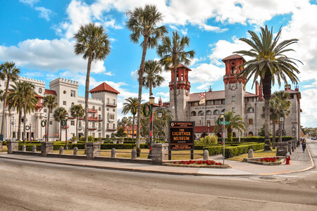 St. Augustine, Florida. January 26, 2019. Trolley Tour, Casa Monica Hotel and Lightner Museum on lightblue cloudy sky background at Old Town in Floridas Historic Coast (4)のeditorial素材