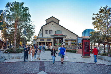 Orlando, Florida. January 11, 2019. People enjoying on Disney Spring street in Lake Buena Vista...