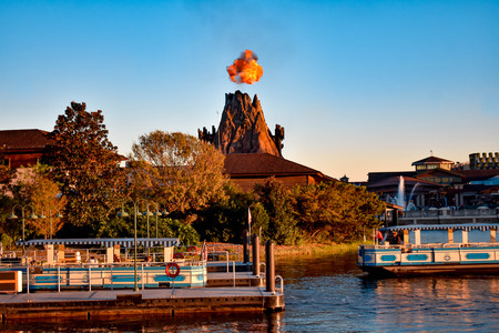 Orlando, Florida. January 11, 2019. Volcano expelling fire and water taxi launch in Lake Buena Vista area.のeditorial素材