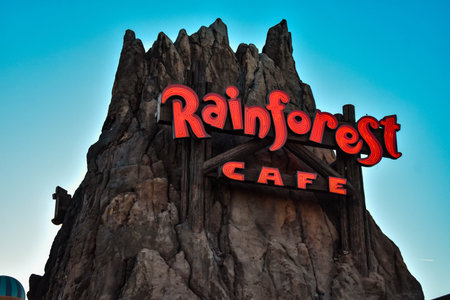 Orlando, Florida. January 11, 2019. Red sign letters in Volcano in Lake Buena Vista area.のeditorial素材