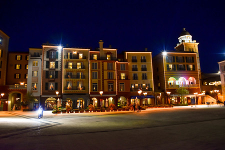 Orlando, Florida. January 05, 2019. Illuminated colorful buildings in Portofino Hotel at Universal Studios area.のeditorial素材