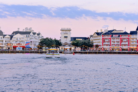 Orlando, Florida. February 09, 2019. Colorful Dockside waterfront panoramic view on cloudy sunset background at Lake Buena Vista area (1)のeditorial素材