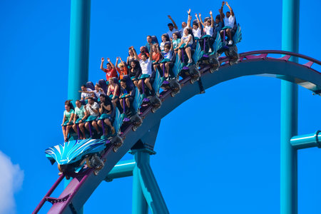 Orlando, Florida . February 26, 2019. People having fun amazing Mako rollercoaster at Seaworld Theme...