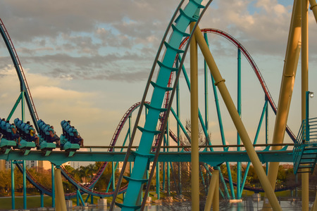 Orlando, Florida. March 09, 2019 People having fun Kraken rollercoaster at Seaworld Marine Theme Park (6)のeditorial素材