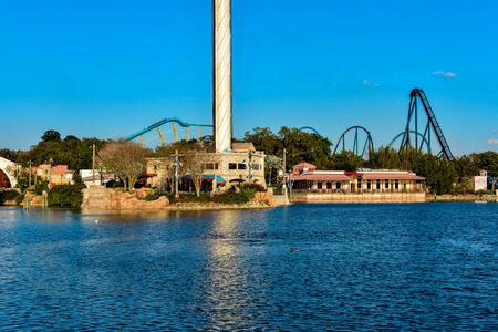 Orlando, Florida. March 09 2019. Colorful Waterfront, Sky Tower and blue lagoon at Seaworld in International Drive area (2)のeditorial素材