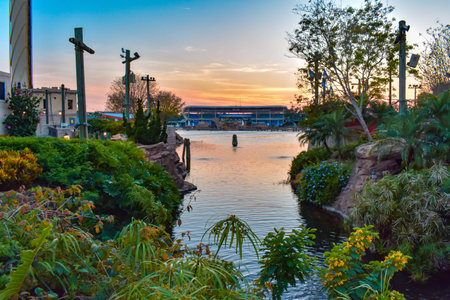 Orlando, Florida. March 09 2019. Beautiful view of Waterfront and bayside stadium on colorful sunset...