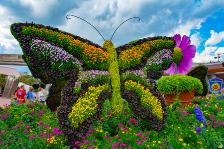 Orlando, Florida . March 27, 2019. Butterfly topiarie on lightblue cloudy sky background at Epcot in Walt Disney World.のeditorial素材