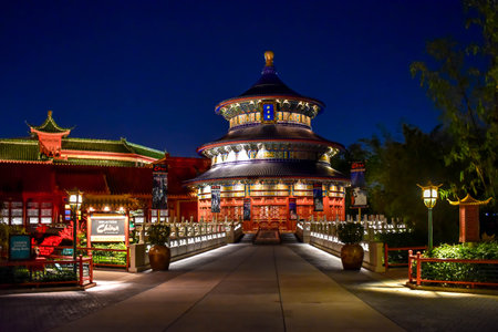 Orlando, Florida . March 27, 2019. China Pavilion on blue night background atEpcot in Walt Disney...