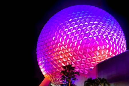 Orlando, Florida . March 27, 2019. Illuminated sphere Spaceship Earth attraction on night background...
