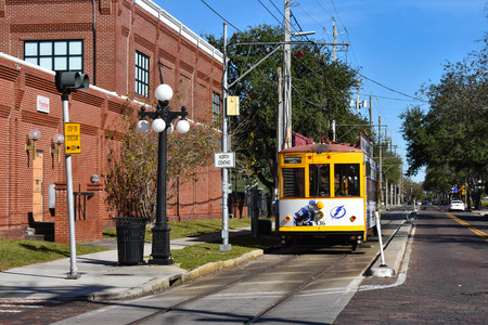 Ybor City Tampa Bay, Florida. January 19, 2019. Streetcar close to Centennial Park area on 8th Ave.のeditorial素材