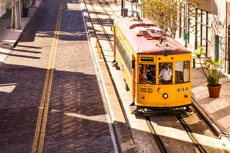 Ybor City Tampa Bay, Florida. January 19, 2019 Top view of streetcar. Ybor City is a historic neighborhood in Tampa.のeditorial素材