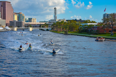 Tampa Bay, Florida. March 02, 2019. Guys enjoying jet ski on Hillsborough river in downtown area.のeditorial素材