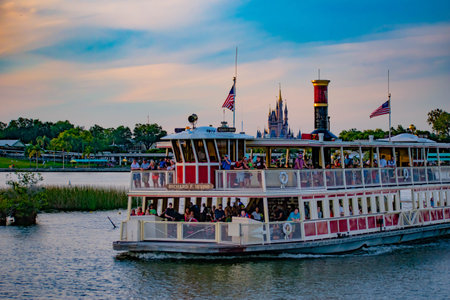 Orlando, Florida. April 23, 2019. Partial view of Cinderella's Castle and Disney Ferry boat on...
