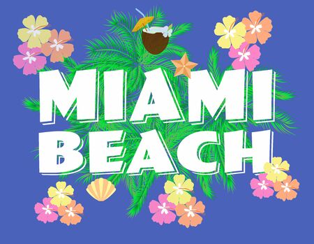 Miami Beach lettering on flowered backround. Vector tropical letters, with colorful icons.のイラスト素材