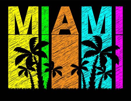 Miami colorful lettering with black palms trees. Travel postcard.のイラスト素材