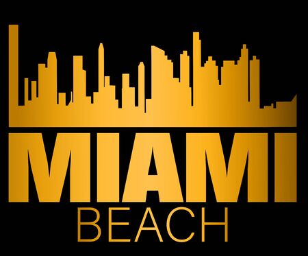 Miami Beach lettering and gold silhouette buildings on black backround. Travel card.のイラスト素材