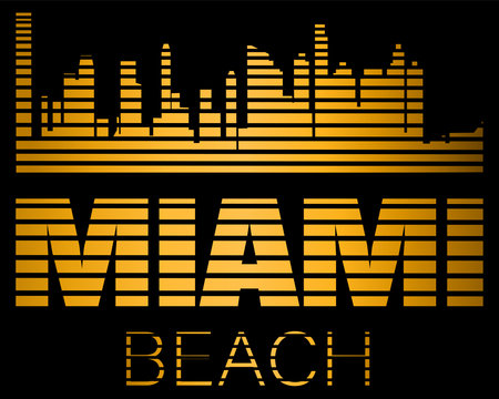 Miami Beach lettering, gold silhouette buildings with black lines. Travel card.のイラスト素材
