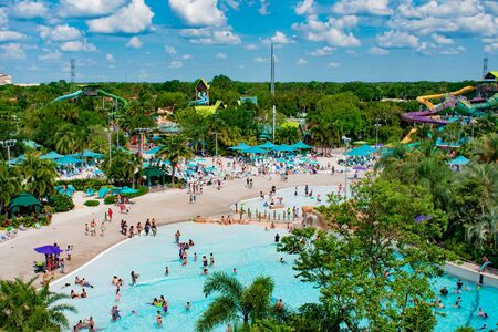 Orlando, Florida. April 07, 2019. Top view of people enjoying beaches, pools and water attractions at Aquatica (1)のeditorial素材