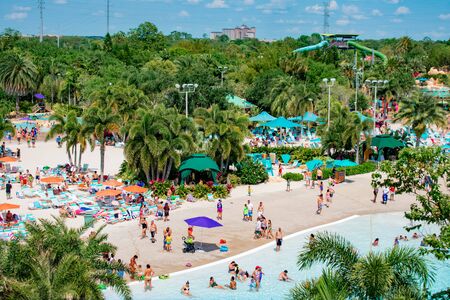 Orlando, Florida. April 07, 2019. Top view of people enjoying beaches, pools and water attractions at Aquatica (3)のeditorial素材
