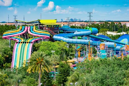 Orlando, Florida. April 07, 2019. Top view of Tamauta Racer slides on beautiful scenery at Aquatica water park (1)のeditorial素材