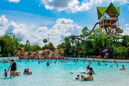 Orlando, Florida. April 07, 2019. Panoramic view of Aquatica water park and Hilton Hotel in International Drive area.のeditorial素材