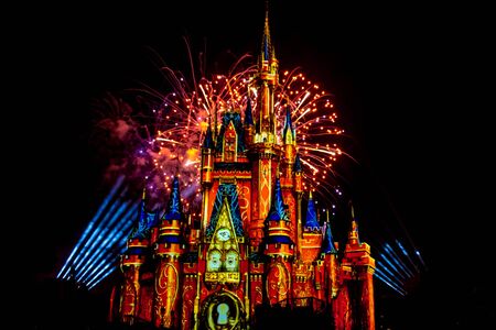 Orlando, Florida. May 10, 2019. Happily Ever After is Spectacular fireworks show at Cinderella's Castle on dark night background in Magic Kingdom (4)のeditorial素材