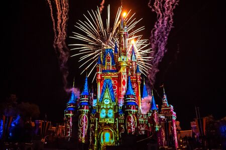 Orlando, Florida. May 10, 2019. Happily Ever After is Spectacular fireworks show at Cinderella's Castle on dark night background in Magic Kingdom (12)のeditorial素材
