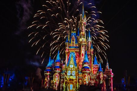 Orlando, Florida. May 10, 2019. Happily Ever After is Spectacular fireworks show at Cinderella's Castle on dark night background in Magic Kingdom (13)のeditorial素材