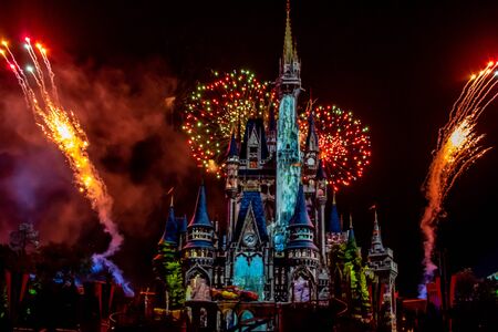 Orlando, Florida. May 10, 2019. Happily Ever After is Spectacular fireworks show at Cinderella's Castle on dark night background in Magic Kingdom (22)のeditorial素材