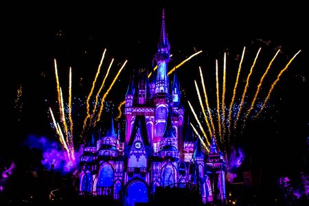Orlando, Florida. May 10, 2019. Happily Ever After is Spectacular fireworks show at Cinderella's Castle on dark night background in Magic Kingdom (28)のeditorial素材