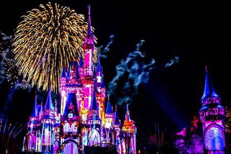 Orlando, Florida. May 10, 2019. Happily Ever After is Spectacular fireworks show at Cinderella's Castle on dark night background in Magic Kingdom (32)のeditorial素材