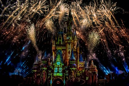 Orlando, Florida. May 10, 2019. Happily Ever After is Spectacular fireworks show at Cinderella's Castle on dark night background in Magic Kingdom (36)のeditorial素材