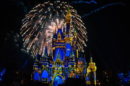 Orlando, Florida. May 10, 2019. Happily Ever After is Spectacular fireworks show at Cinderella's Castle on dark night background in Magic Kingdom (48)のeditorial素材