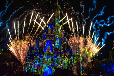 Orlando, Florida. May 10, 2019. Happily Ever After is Spectacular fireworks show at Cinderella's Castle on dark night background in Magic Kingdom (51)のeditorial素材