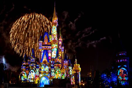 Orlando, Florida. May 10, 2019. Happily Ever After is Spectacular fireworks show at Cinderella's Castle on dark night background in Magic Kingdom (52)のeditorial素材