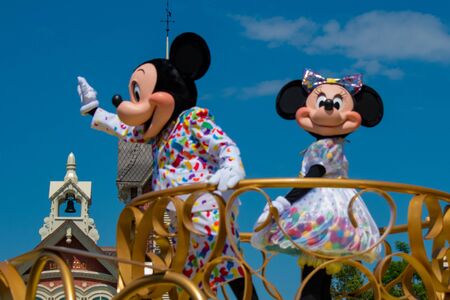 Orlando, Florida. May 16, 2019. Orlando, Florida. April 02, 2019. Mickey and Minnie's Surprise Celebration on lightblue sky background at Walt Disney World (1)のeditorial素材