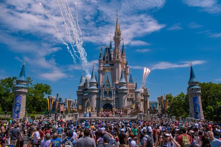 Orlando, Florida. May 17, 2019. Mickey's Royal Friendship Faire and fireworks on Cinderella Castle in Magic Kingdom at Walt Disney World Resort (1)のeditorial素材